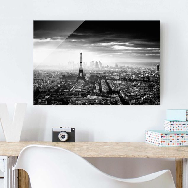 Glasbild Paris Der Eiffelturm von Oben Schwarz-weiß