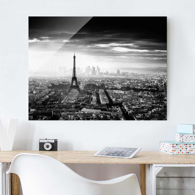 Glasbilder Paris Der Eiffelturm von Oben Schwarz-weiß