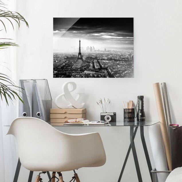 Glasbild Schwarz-Weiß Der Eiffelturm von Oben Schwarz-weiß