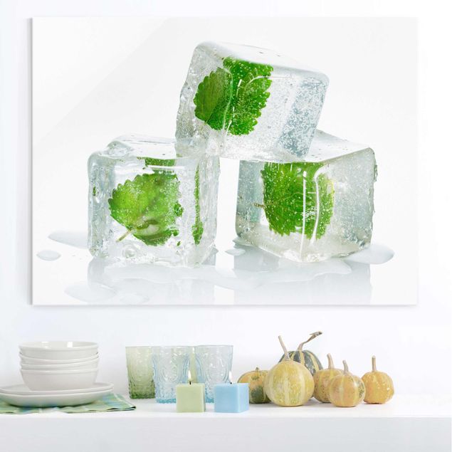 XXL Glasbilder Drei Eiswürfel mit Melisse