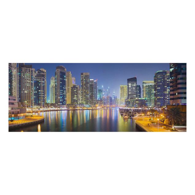 Glasbild - Dubai Nacht Skyline - Panorama Quer