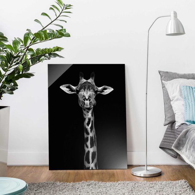 Schwarz-Weiß Glasbilder Dunkles Giraffen Portrait