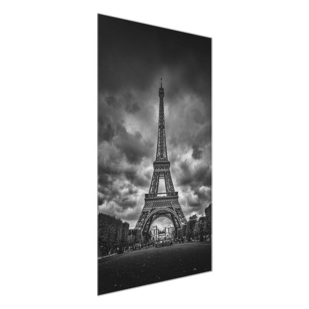 Skyline Glasbilder Eiffelturm vor Wolken schwarz-weiß