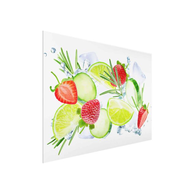 Bilder auf Glas Erdbeeren Limetten Eiswürfel Splash