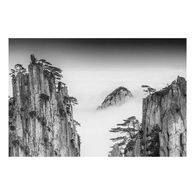 Glas Wandbilder Felsen im Nebel schwarz-weiß