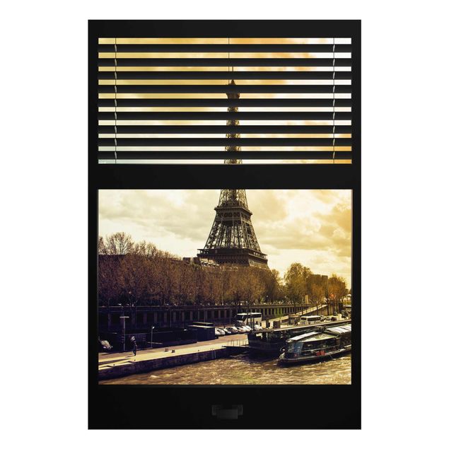 Glasbilder XXL Fensterausblick Jalousie - Paris Eiffelturm Sonnenuntergang