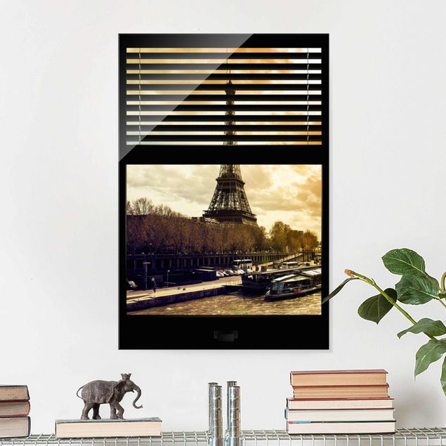 Glasbilder Fensterausblick Jalousie - Paris Eiffelturm Sonnenuntergang