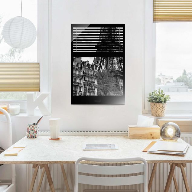 Glasbilder Schwarz-Weiß Fensterausblick Paris - Nahe am Eiffelturm schwarz weiss