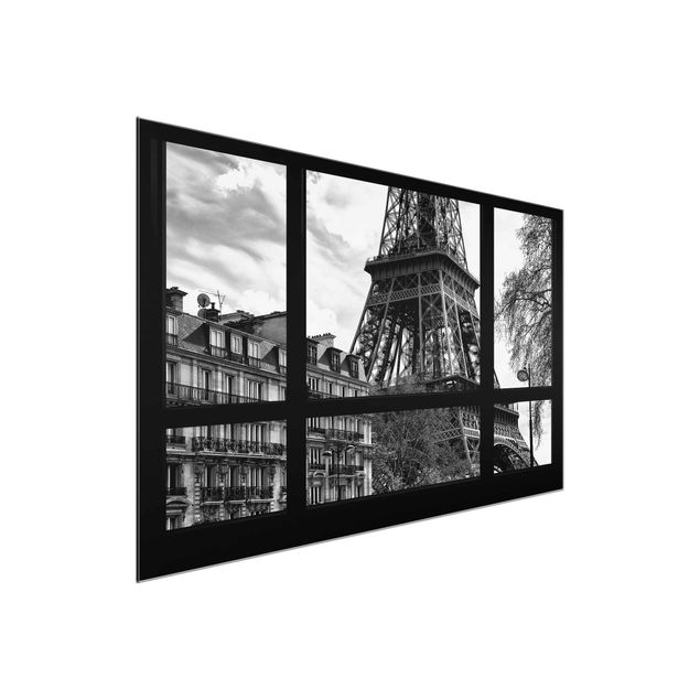Glasbilder Skyline Fensterausblick Paris - Nahe am Eiffelturm schwarz weiss