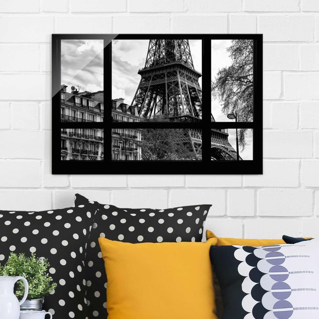 Glasbild Paris Fensterausblick Paris - Nahe am Eiffelturm schwarz weiss