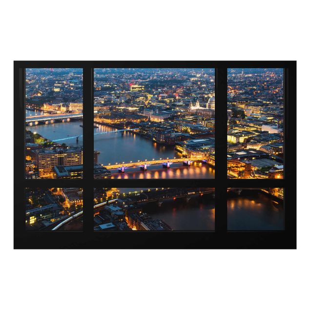 Glasbild - Fensterblick auf Londons Skyline mit Brücken - Quer 3:2