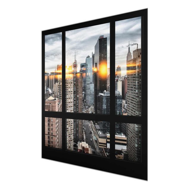Wandbilder Fensterblick New York mit Sonnen-Reflexion