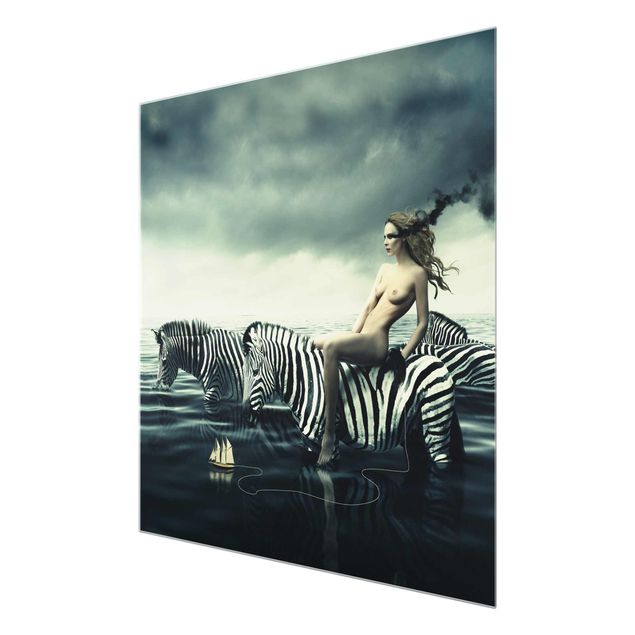 Glas Wandbilder Frauenakt mit Zebras