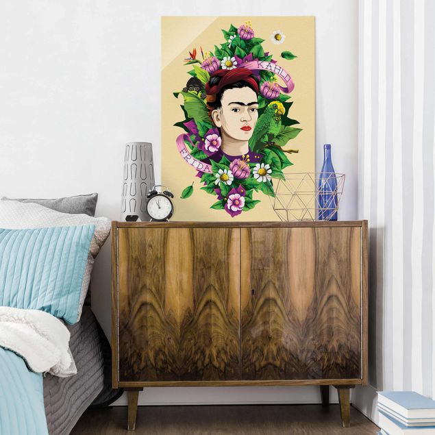 Glasbilder Blumen Frida Kahlo - Frida, Äffchen und Papagei