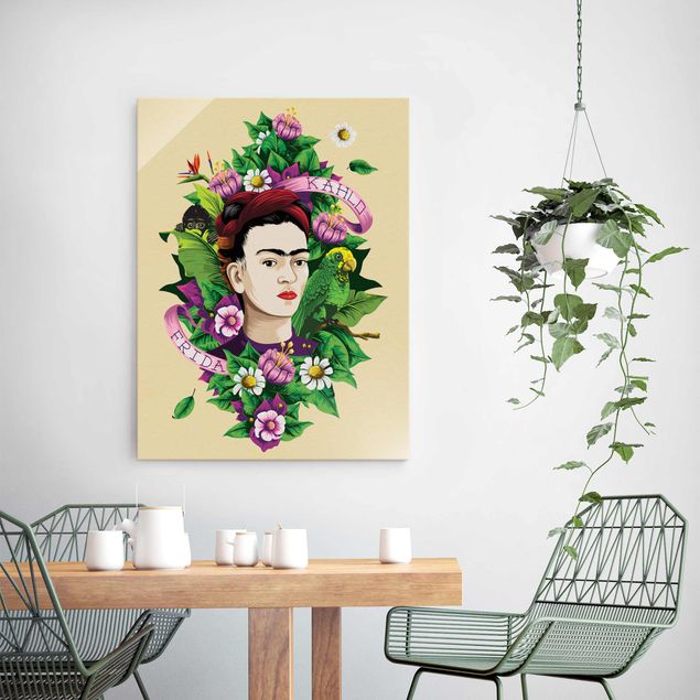 Glasbild Natur Frida Kahlo - Frida, Äffchen und Papagei