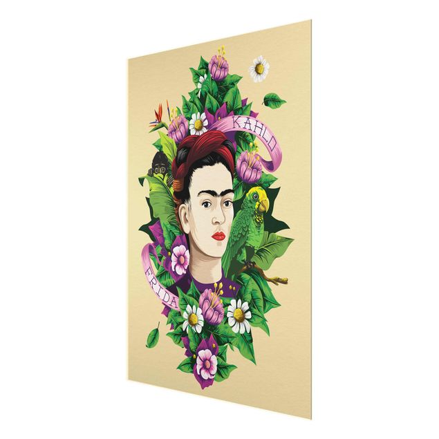Bilder auf Glas Frida Kahlo - Frida, Äffchen und Papagei