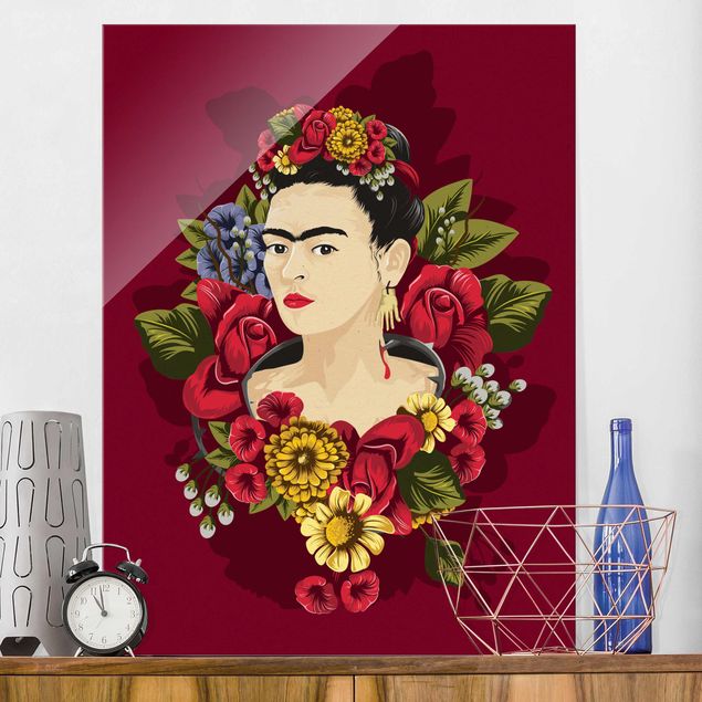 Wandbilder Glas XXL Frida Kahlo - Rosen