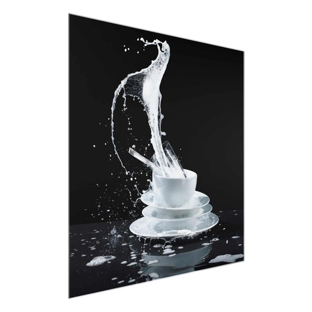 Glas Wandbilder Geschirr mit Spülmittel-Splash