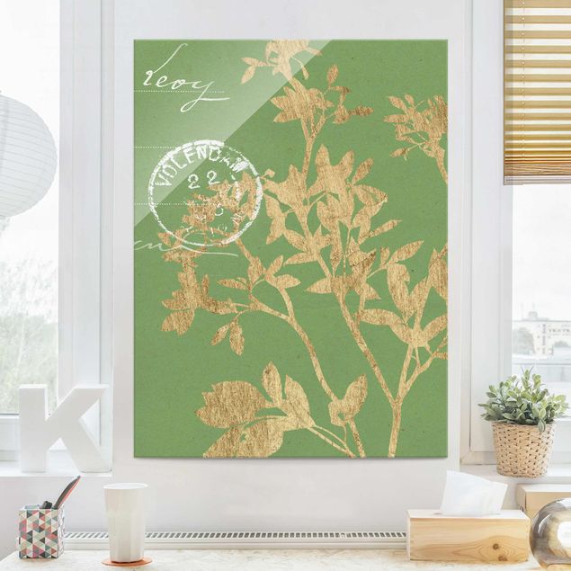 Glasbild Blumen Goldene Blätter auf Lind II