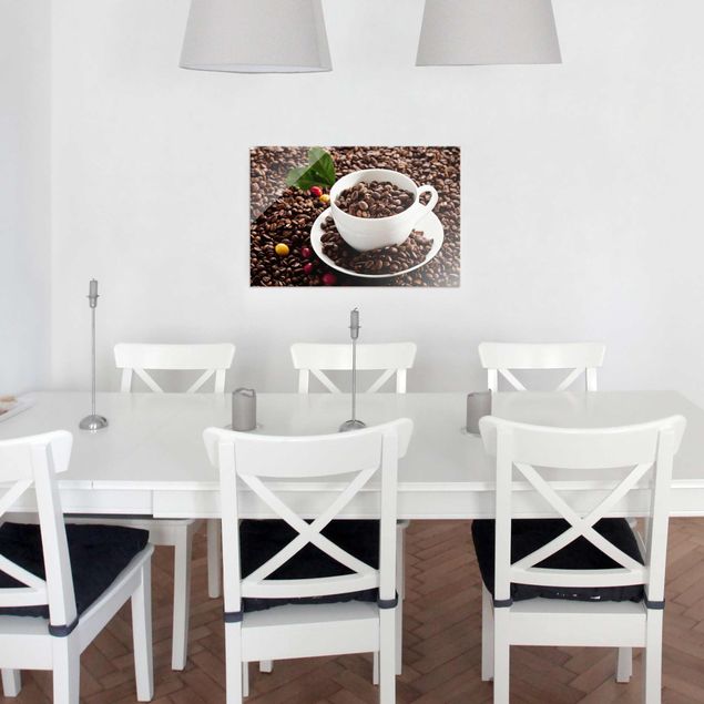Glas Wandbilder Kaffeetasse mit gerösteten Kaffeebohnen