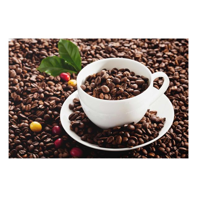Glasbild - Kaffeetasse mit gerösteten Kaffeebohnen - Querformat 3:2