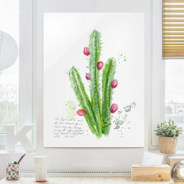Glasbild Blumen Kaktus mit Bibelvers II