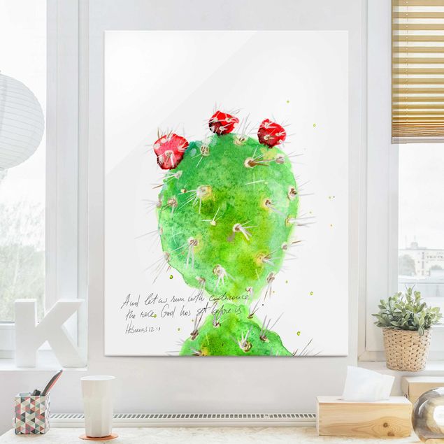 Glasbild Blumen Kaktus mit Bibelvers IV