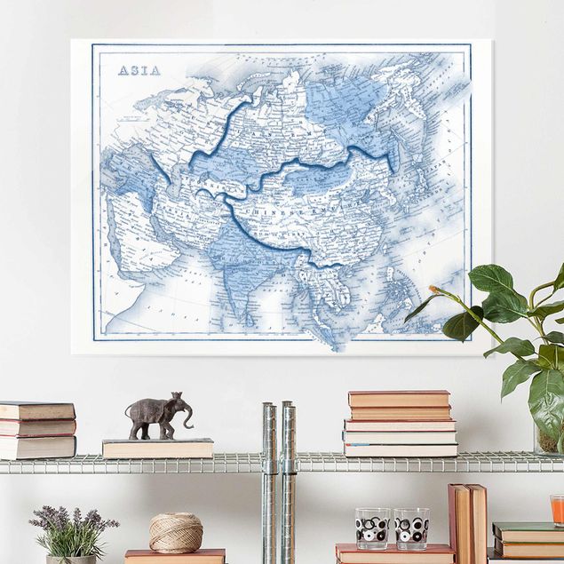 Weltkarte Glasbild Karte in Blautönen - Asien