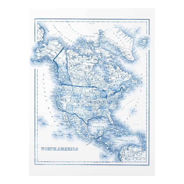 Glasbild - Karte in Blautönen - Nordamerika - Hochformat 4:3