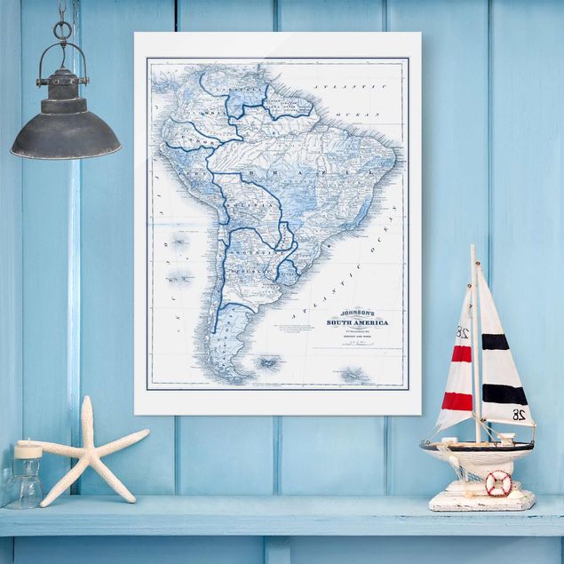 Glasbilder Weltkarte Karte in Blautönen - Südamerika