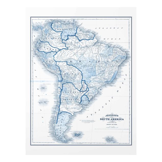 Glasbild - Karte in Blautönen - Südamerika - Hochformat 4:3