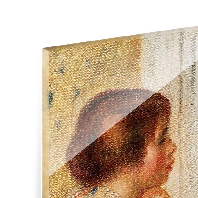 Glasbild - Kunstdruck Auguste Renoir - Gabrielle einen Spiegel haltend oder Marie Dupuis einen Spiegel haltend mit einem Porträt von Coco - Impressionismus Hoch 3:4