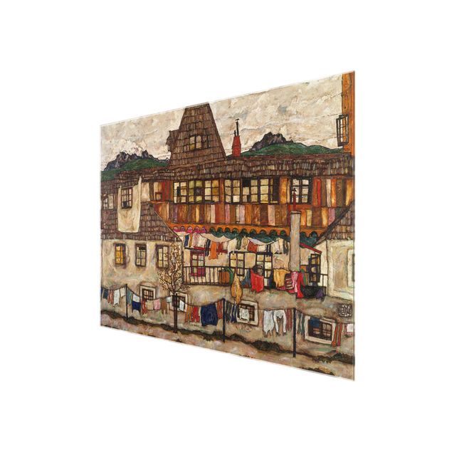 Glasbilder Egon Schiele - Häuser mit trocknender Wäsche