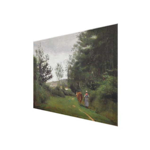 Glasbilder Grün Jean-Baptiste Camille Corot - Bäuerin mit einer Kuh