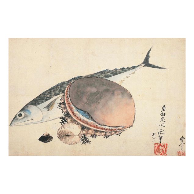 Glas Wandbilder Katsushika Hokusai - Makrele und Seemuscheln