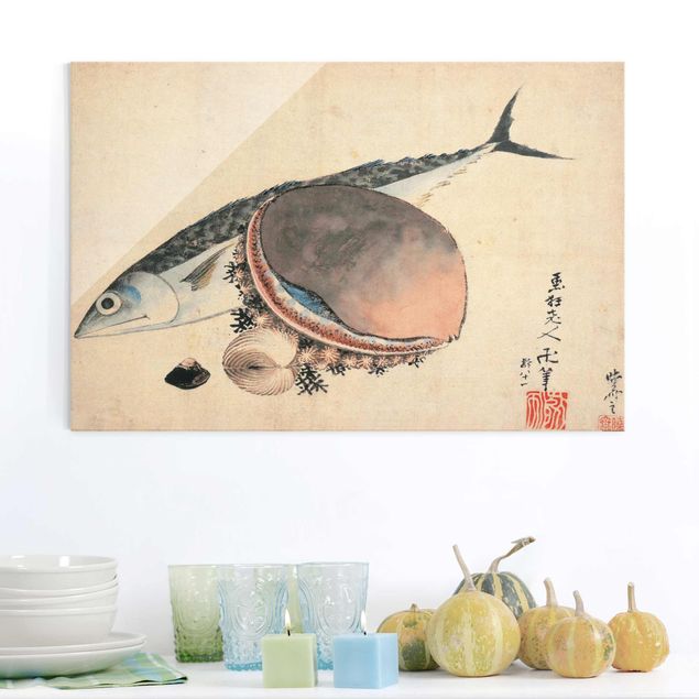 Glasbild Seen Katsushika Hokusai - Makrele und Seemuscheln