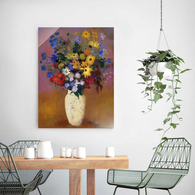 Glasbild - Kunstdruck Odilon Redon - Blumen in einer Vase - Hoch 3:4