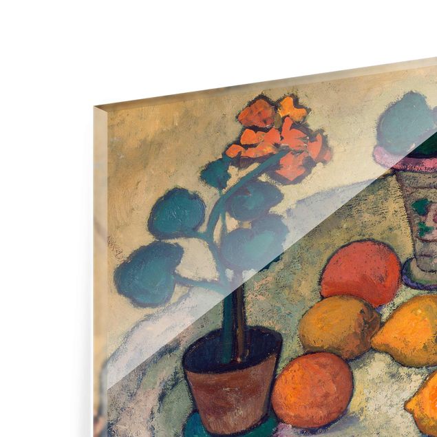 Glasbild - Kunstdruck Paula Modersohn-Becker - Stillleben mit Orangen und Steingut-Hund - Quer 4:3