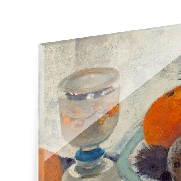 Glasbild - Kunstdruck Paula Modersohn-Becker - Stillleben mit Mattglasbecher, Äpfeln und Kiefernzweig - Quer 3:2