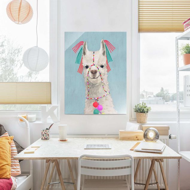 Glasbild Tiere Lama mit Schmuck II