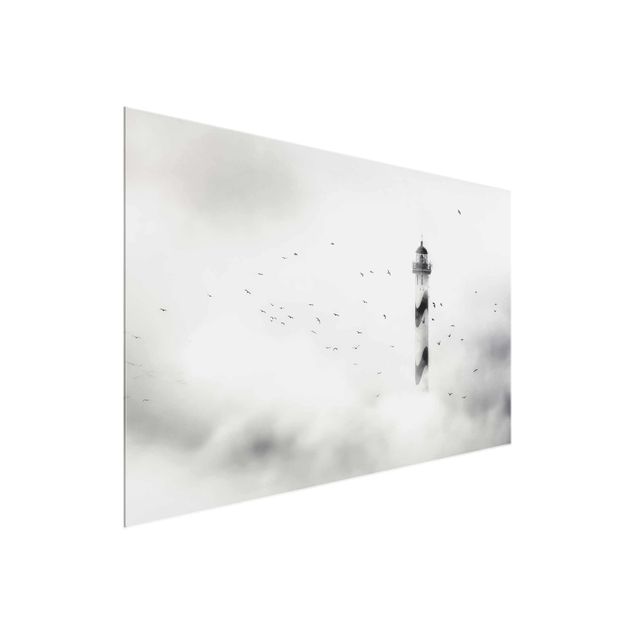 Wandbilder Glas XXL Leuchtturm im Nebel