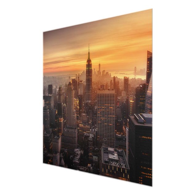 Glasbild - Manhattan Skyline Abendstimmung - Quadrat 1:1