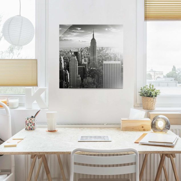 Glasbilder Schwarz-Weiß Manhattan Skyline