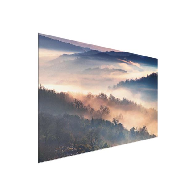Glasbilder Landschaften Nebel bei Sonnenuntergang