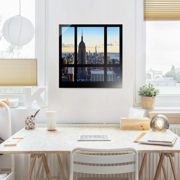 XXL Glasbilder New York Fensterblick auf Empire State Building