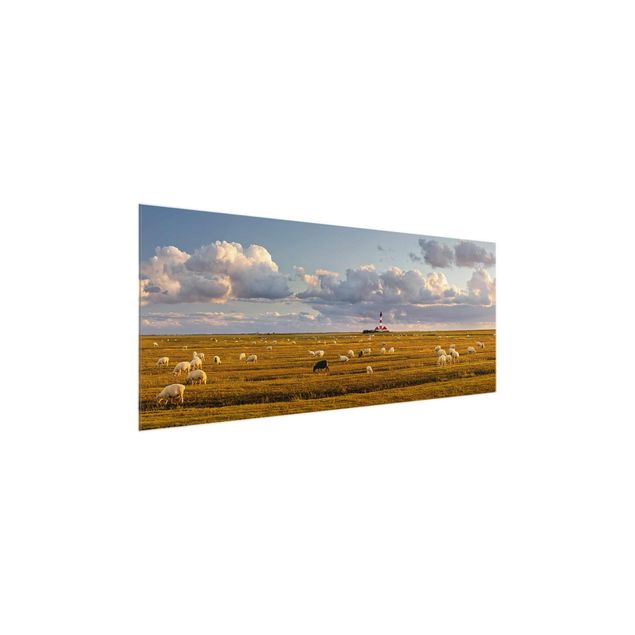 Natur Glasbilder Nordsee Leuchtturm mit Schafsherde