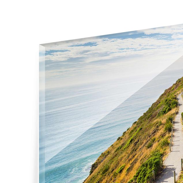 Glasbild - Nugget Point Leuchtturm und Meer Neuseeland - Panorama Quer