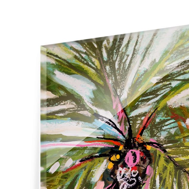 Glasbild - Palme mit pinken Blumen I - Panel