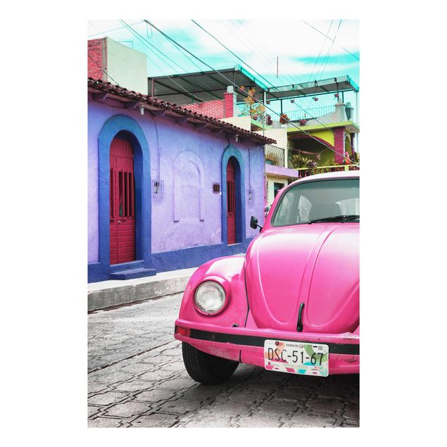 Glasbilder Skyline Pink VW Beetle