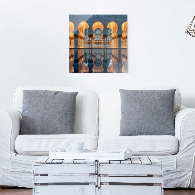 Glasbild Skyline Reflexionen in der Moschee